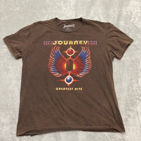 Journey Greatest Hits T-Shirt Men XL Brown Cotton Short Sleeve Graphic Band Tee - Picture 1 of 7